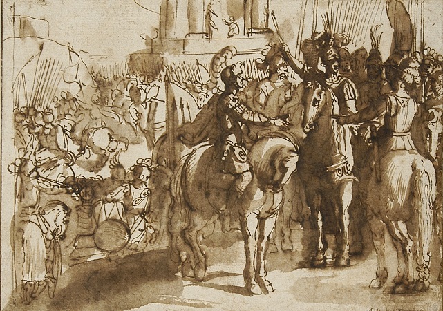 Akwarela. Przedstawia żołnierzy na koniach, ubranych w zbroje, którzy są zgrupowani po prawej stronie obrazu. Po lewej stronie - szkic tłumu i zarys architektury. Jest to  ilustracja do  poematu „Jerozolima wyzwolona”. 