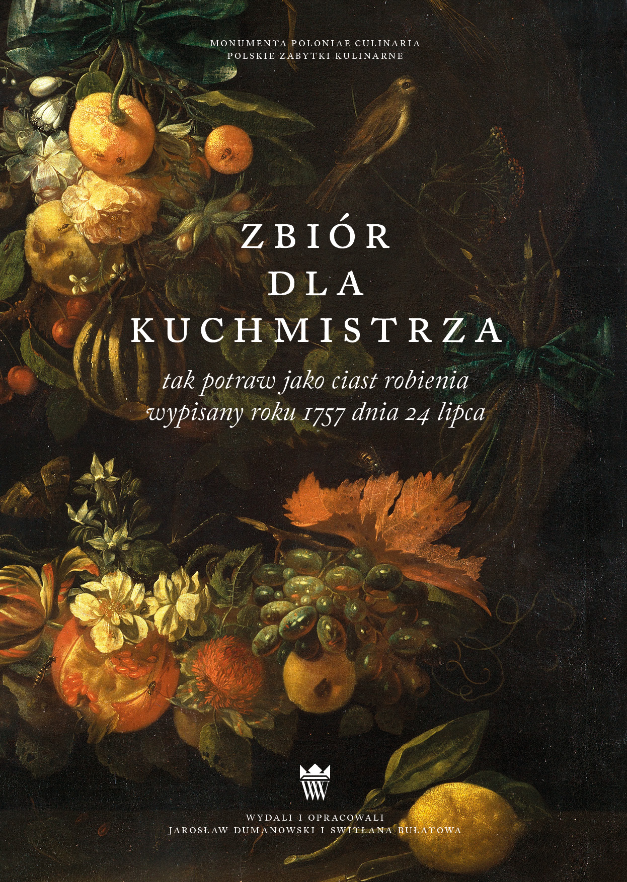 Kolorowa okładka książki kulinarnej. Jest to „Zbiór dla kuchmistrza tak potraw jako ciast robienia wypisany roku 1757 dnia 24 lipca”. 