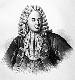 Rycina przedstawia portret mężczyzny w peruce i mundurze, z żabotem pod szyją i orderami na piersi