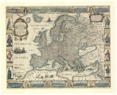 Grafika przedstawia - jak podają źródła -  najdokładniejszą mapę Europy w XVII wieku. Wokół mapy pas z przedstawieniami największych miast Europy i ważnymi postaciami tamtego czasu.