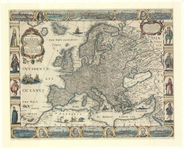 Grafika przedstawia - jak podają źródła -  najdokładniejszą mapę Europy w XVII wieku. Wokół mapy pas z przedstawieniami największych miast Europy i ważnymi postaciami tamtego czasu.