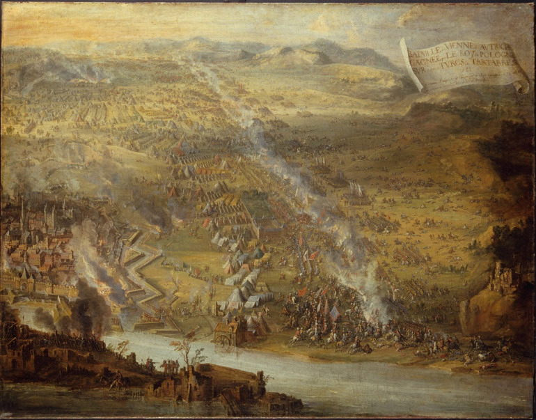 Olej na płótnie. Bitwa pod Wiedniem jest jednym z ośmiu znajdujących się w zbiorach Wittelsbachów w Schleissheim i w Monachium obrazów ukazujących zwycięskie bitwy Jana III Sobieskiego. Główna linia walki dzieli kompozycję diagonalnie, po lewej stronie dając miejsce na ukazanie miasta i otaczających go obozów, po prawej natomiast wolną przestrzeń pól i gór. Na pierwszym planie kompozycję zamyka widok rzeki i ruin.