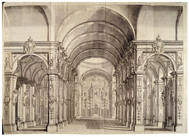 Zdjęcie grafiki które przedstawia wnętrze kościoła - nawę główną i dwie nawy boczne. W tyle widać zarys prezbiterium i ołtarza głównego. Zdjęcie dzięki uprzejmości Biblioteca Casanatense, Roma.