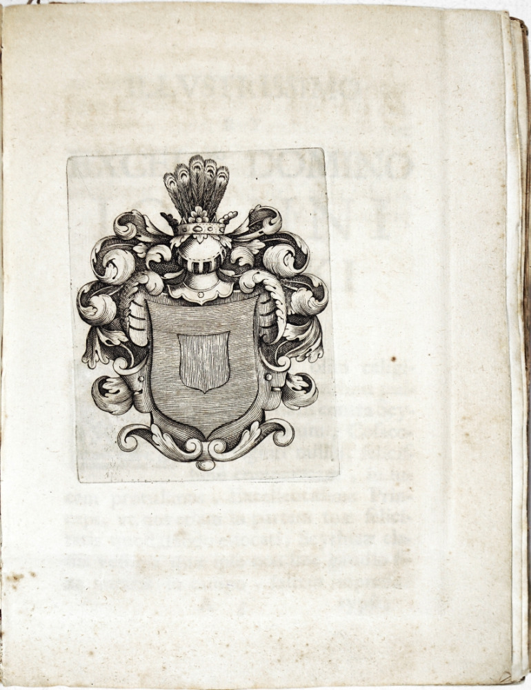 Karta z księgi poematu napisanego przez włoskiego jezuitę Ubertina Carrarę (1642-1716), który wychwala wojskowe zwycięstwa Sobieskiego. Przedstawia herb - wykonany techniką graficzną.
