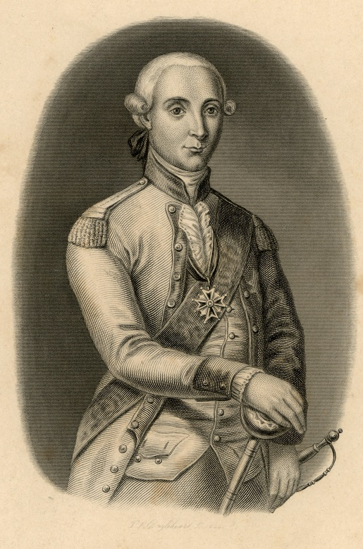 Portret mężczyzny w peruce i mundurze historycznym, z szarfą i krzyżem na piersiach. Stoi wyprostowany i patrzy przed siebie. Jest to portret Seweryna Rzewuskiego. 