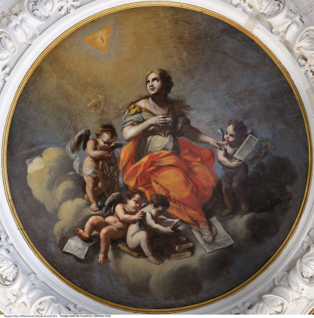 Tondo na suficie w Bibliotece Króla w pałacu w Wilanowie. Przedstawia kobietę w otoczeniu małych amorków. Jest to „Alegoria teologii”.