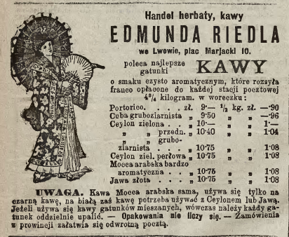 Wycinek z gazety z reklamą. U góry napis Handel herbaty, kawy Edmunda Riedla we Lwowie. Z lewej strony grafika kobiety w stroju japońskim z parasolką. 